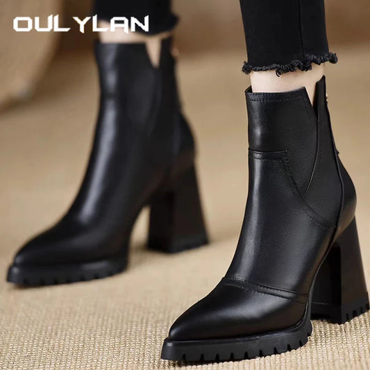 Oulylan Thick High-heeled Women Shoes Retro Elegant Back Zipper Short Boot Autumn Winter Fashion Soft Leather Boots 34-39