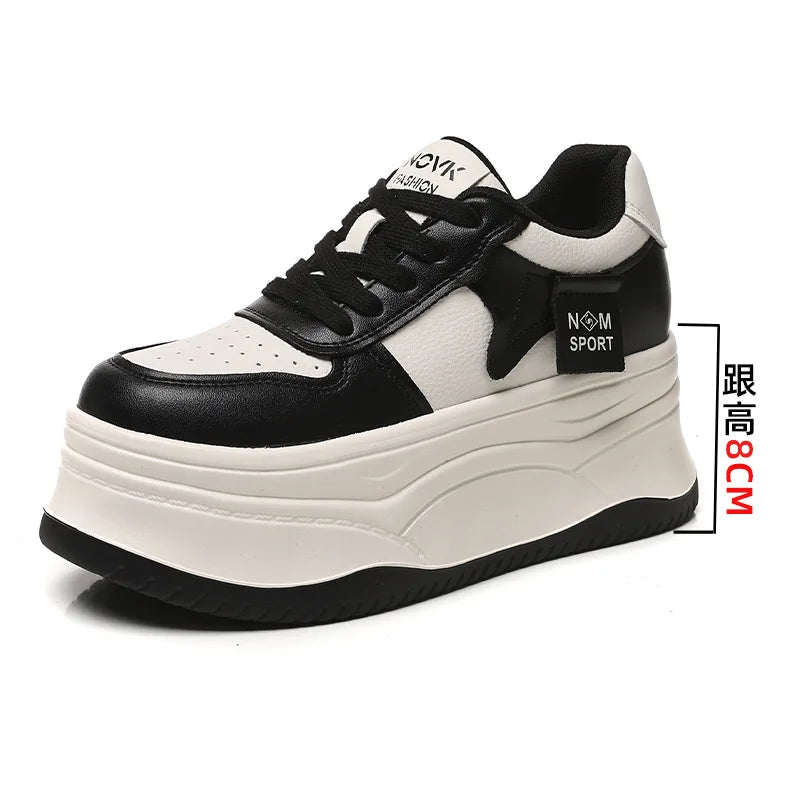 Koznoy Chunky Sneakers Genuine Leather Women Walking Shoes Autumn 12cm Platform Sneakers for Women Casual Shoes White Shoes