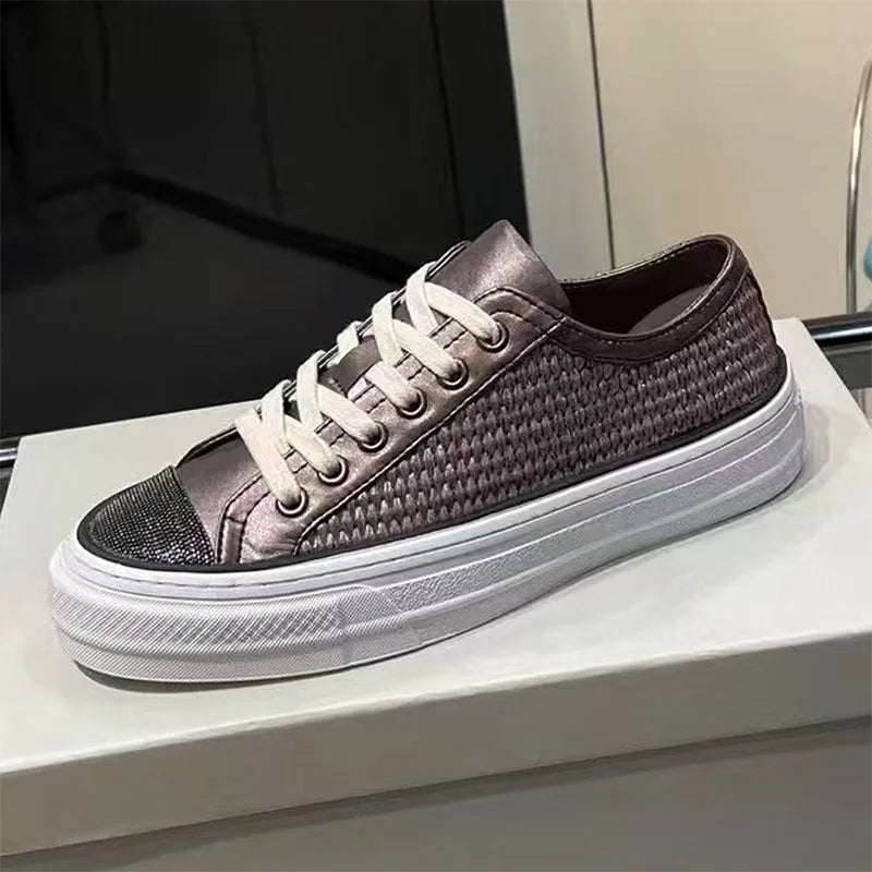 Classic Casual Sneakers Women Genuine Leather String Bead Round Toe Lace Up Flat Shoes Woman Braided Patchwork Walk Shoes Woman