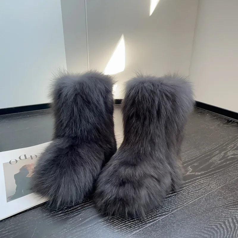 Winter Shoe Women's Winter Fluffy Real Fox Fur Boots Woman Plush Warm Snow Boots Luxury Footwear Girls' Furry Fur Bottes Fashion