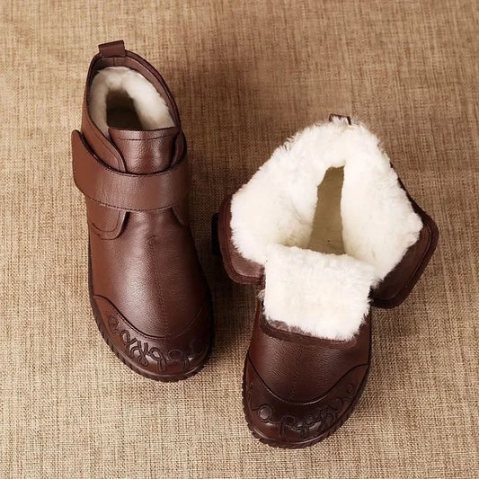 Women's Real Leather Ankle Boots Thick Bottom Plush Shoes Women Winter Warm Shoes Fashion Cool Footwear Size 35-41