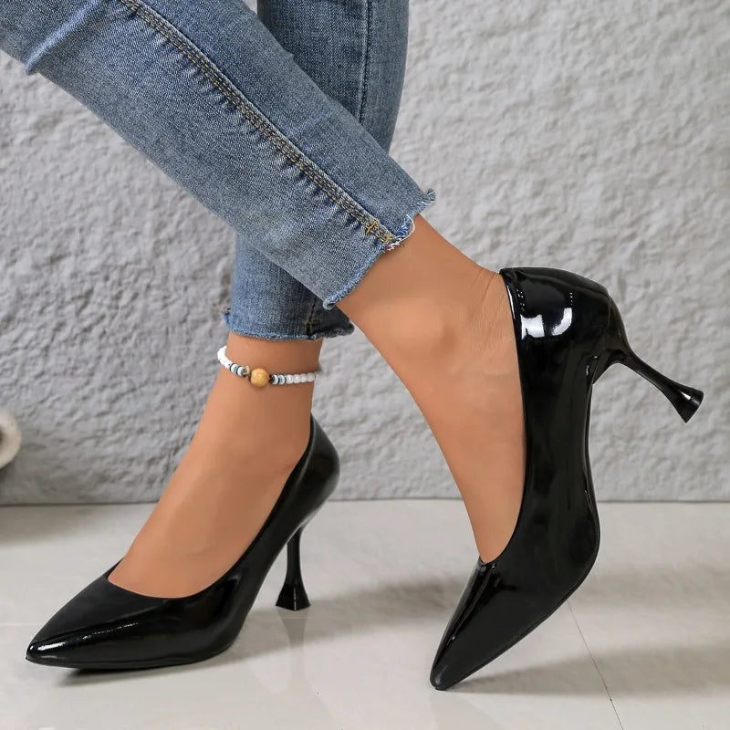 Slip-on Sneakers Autumn New Pointed Toe Light-mouth Patent Leather Wear-resistant Slip Slim Heel Shoes